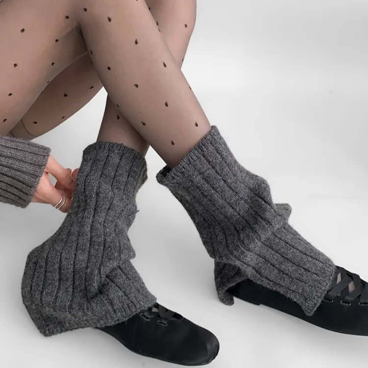 SanVicBOLO灰色针织袜套女春秋外穿舒适中筒堆堆袜个性开叉小腿套