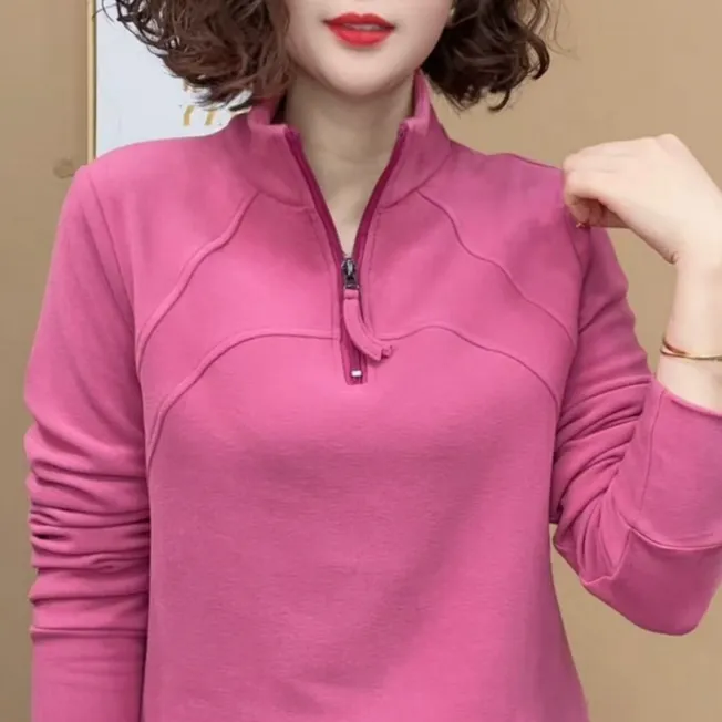 2024拉链拼接纯色保暖卫衣时尚半高领半拉链上衣加绒冬秋女士202#