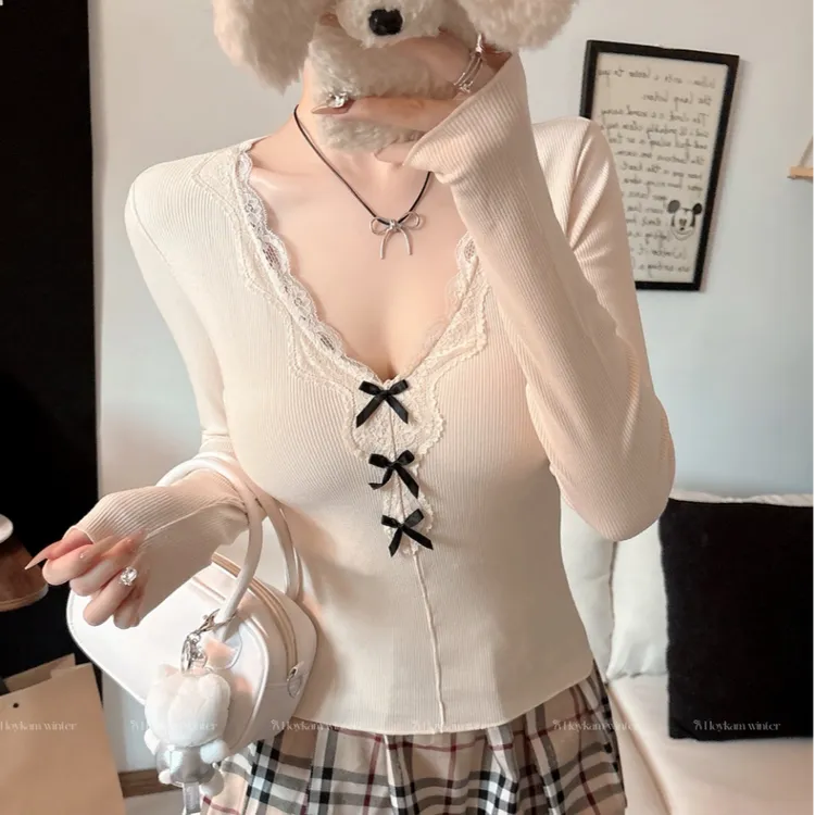杏色蕾丝v领长袖t恤内搭打底衫女秋季蝴蝶结带胸垫修身短款上衣白