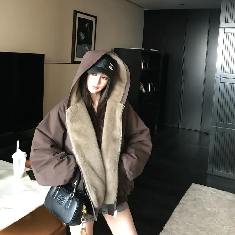 QIUYIDAODI冬季复古重磅帆布水洗仿貂毛情侣座山雕棉服双面穿上衣