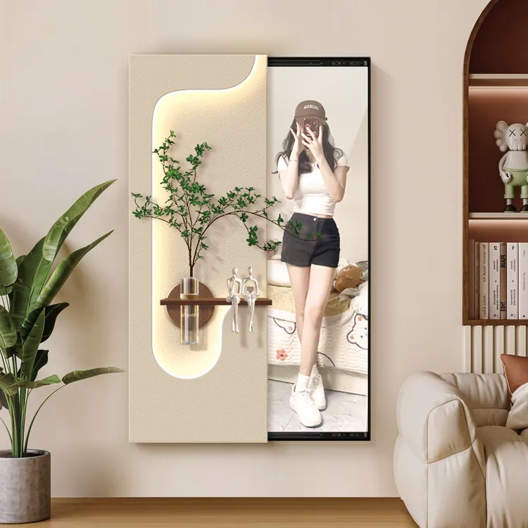 绿影馨光 奶油风玄关推拉镜装饰画立体水培绿植led壁灯全身镜挂画