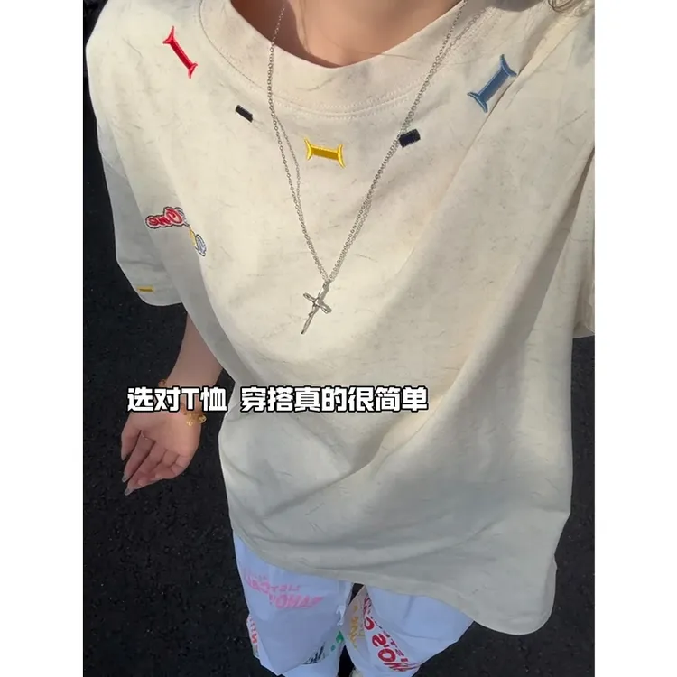 彩虹刺绣短袖t恤男2025夏季新款重磅国潮痞帅青少年宽松半袖体恤