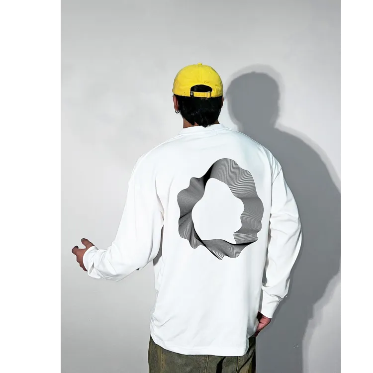 重磅美式长袖T恤男280g潮牌几何印花图案圆领休闲上衣宽松长t恤男