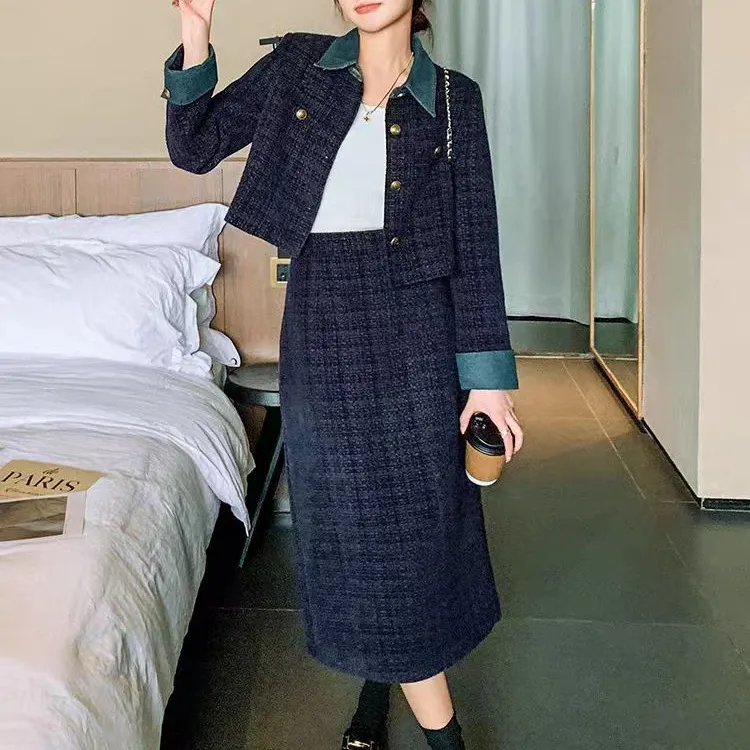 6152胖mm牛仔拼接小香风套装裙女2025新款秋穿搭盐系高级感两件套