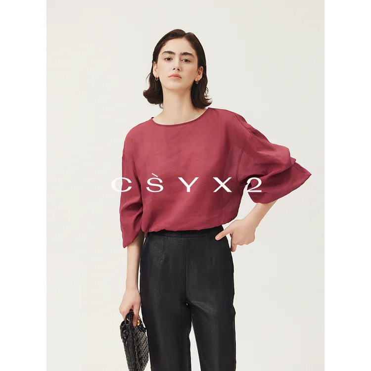 CsyX2-2025S/S早秋新款 清爽苎麻灯笼袖廊形防晒娃娃衫T恤S10966