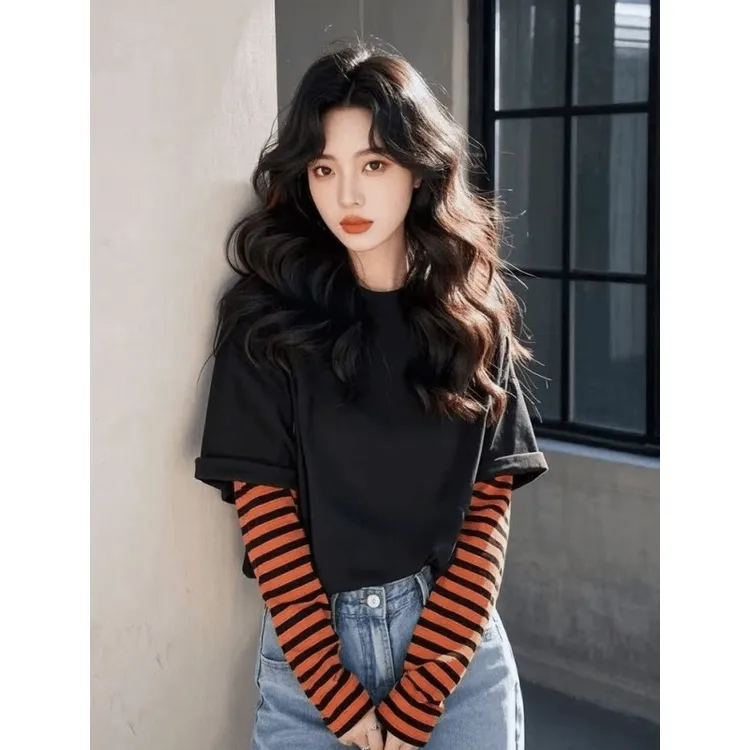 春秋冬打底衫内搭可外穿上衣时尚高级显瘦百搭休闲黑色拼接T恤女