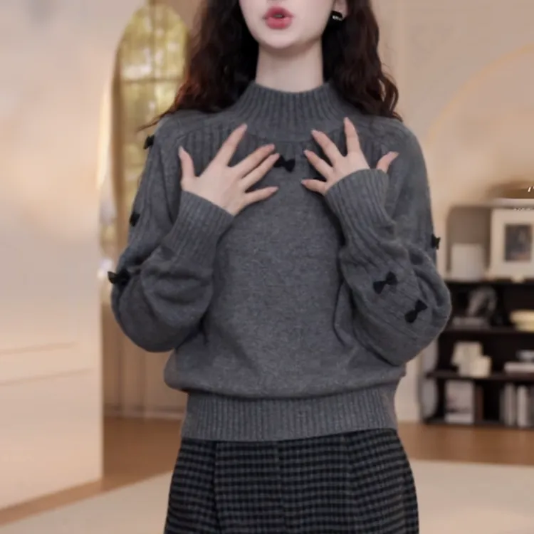 秋冬新款复古半高领蝴蝶结毛衣女秋冬慵懒风长袖针织衫LK2509000