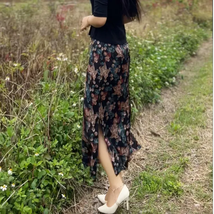 小米同款 缎面碎花包臀裙高腰双开叉旗袍中式直筒长裙旗袍半身裙