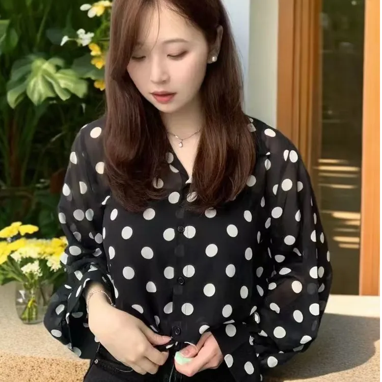 黑色圆点衬衣洋气法式见详情女款碎花长袖衬衫显瘦上衣气质清