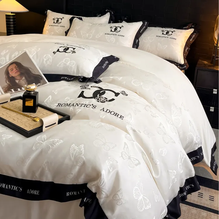 轻奢亮丝提花磨毛四件套刺绣款柔软被罩四件套床单床笠款床上用品