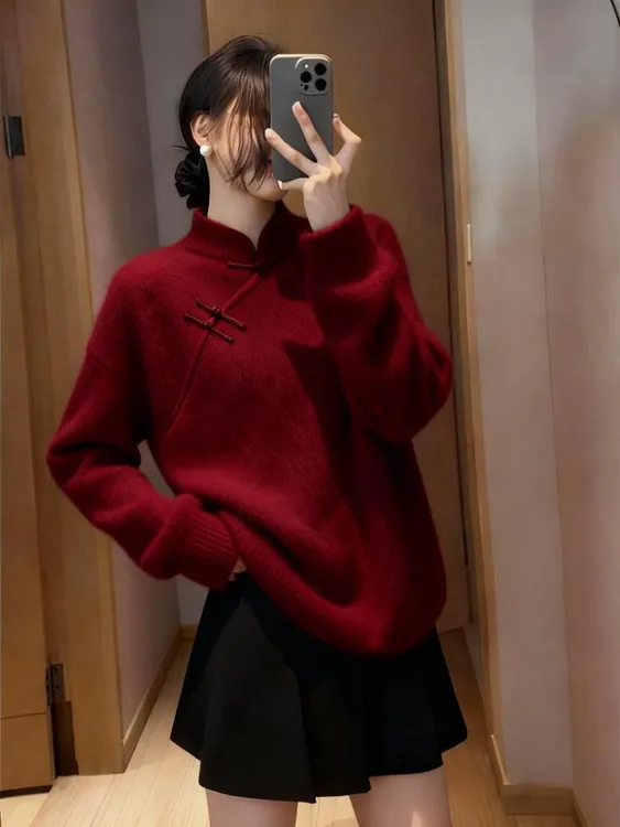 新中式国风毛绒盘扣针织衫女2025秋冬新款复古文艺气质显瘦毛衣女