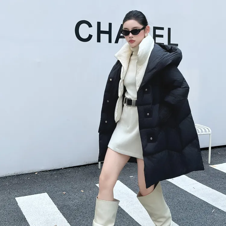 【原创鹅绒】2025新款高定中长款加厚连帽假两件保暖时尚鹅绒服外套