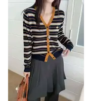 秋季韩版小南瓜刺绣条纹撞色针织衫V领开衫百搭宽松上衣女1309