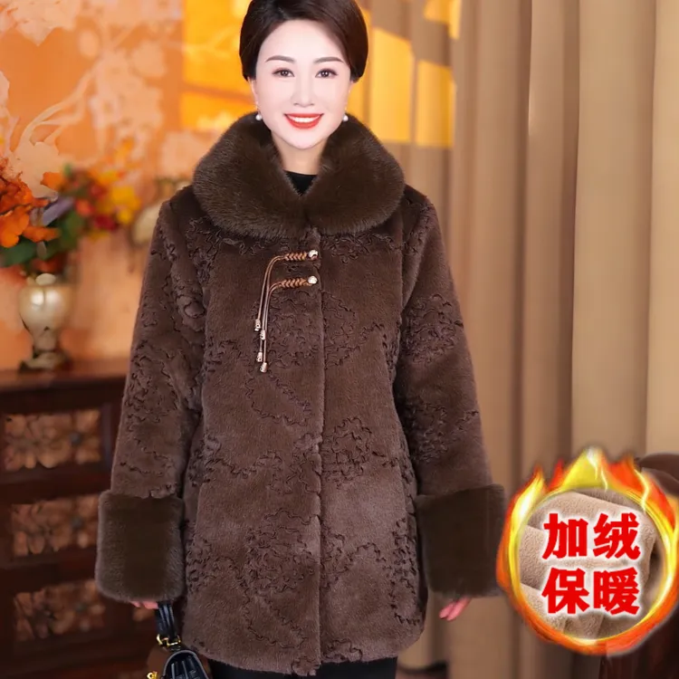 奶奶冬装中老年人女高档精品仿皮草大衣外套妈妈加绒加厚保暖棉衣