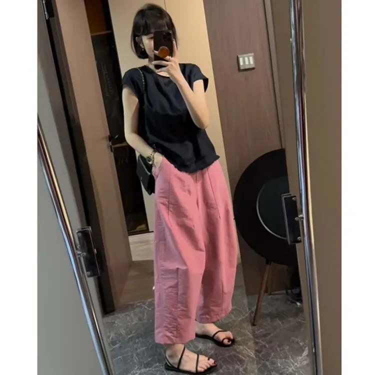 网红炸街套装女夏季2025新款黑色短袖上衣高腰阔腿休闲裤两件套潮