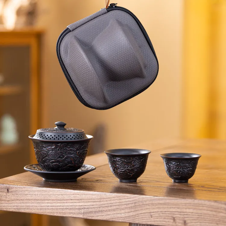 紫陶浮雕三才盖碗旅行茶具家用高档功夫茶具带过滤泡茶碗茶杯喝茶