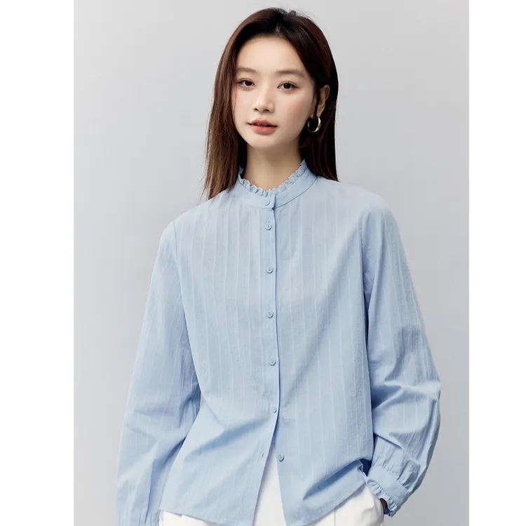 【商场同款】茵曼25秋季法式花边立领衬衫新款通勤衬衫女秋冬内搭