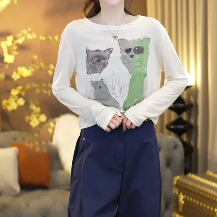 高级感小猫印花长袖t恤女士夏季薄款2025新款打底衫上衣防晒罩衫