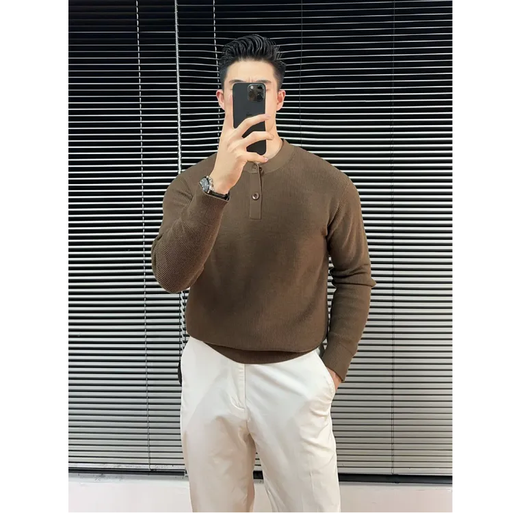 针织亨利领常纯色毛衣针织衫秋季半高领长袖潮流男装内搭毛衣男士