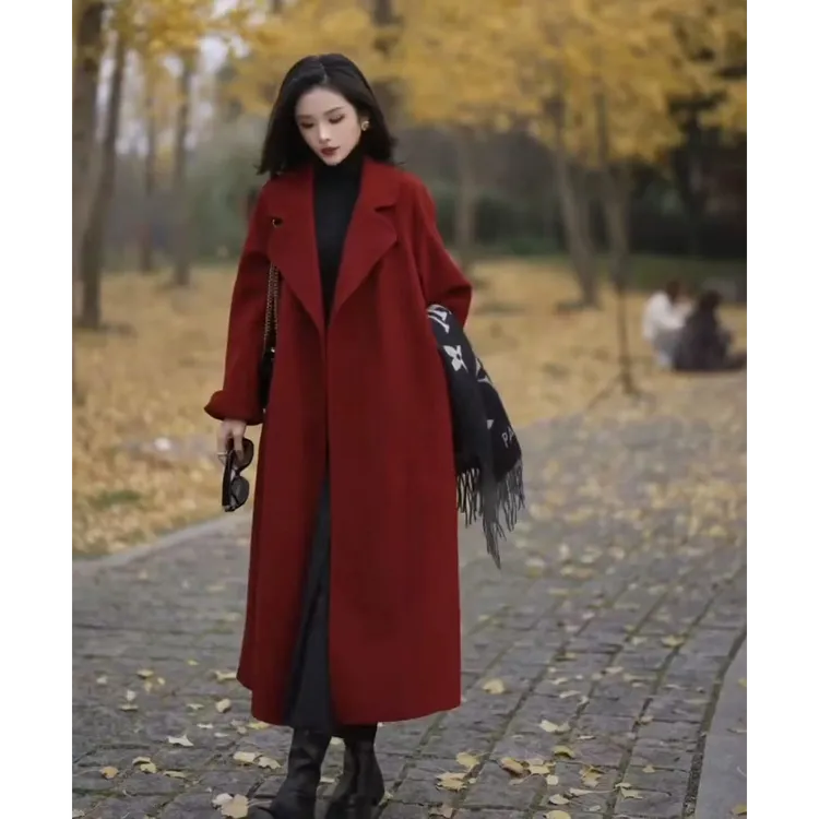 双面羊绒大衣双面毛呢外套宽松系带浴袍长款秋冬羊毛加厚9859