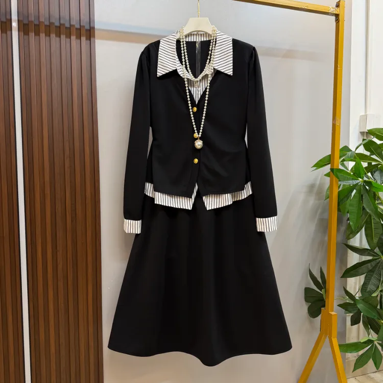 新款大码女装时尚气质学院轻熟风假两件上衣十半身裙套装