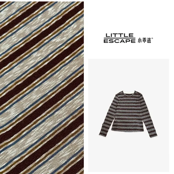 小乖逃X灰红色条纹圆领假两件复古条纹针织打底长袖T8007