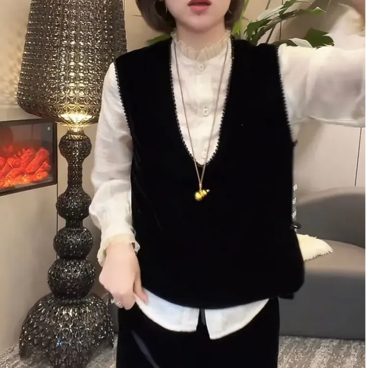 金丝绒新款两件套百搭马甲衬衫背心简约洋气无袖宽松时尚显瘦上衣