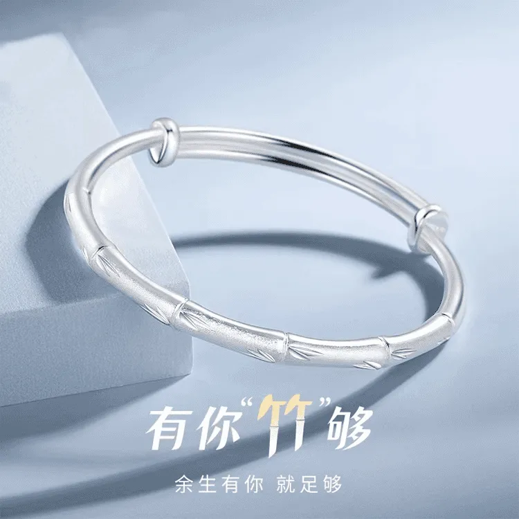 足银手镯 竹节999纯银手镯女实心年轻款足银镯子520送女友礼物