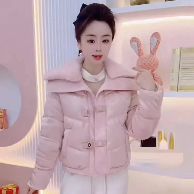 新中式国风时尚棉服女2025冬季新款洋气大翻领提花短款棉袄外套潮