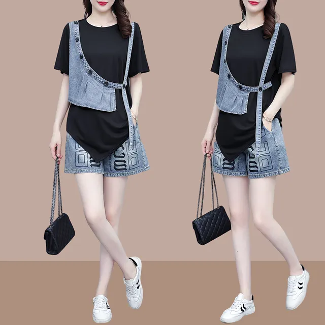 2025夏新款不规则洋气减龄时尚套装女小个子时髦上衣牛仔裤两件套