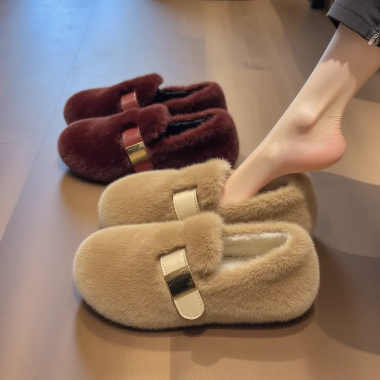 【水貂绒】毛毛鞋女平底外穿高级感秋冬新款软底加绒毛茸茸豆豆鞋