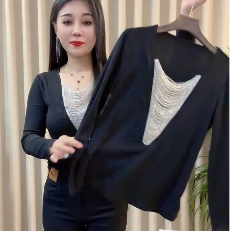 新款时尚串珠链条洋气上衣显瘦百搭气质女装长袖网红黑色修身拼接