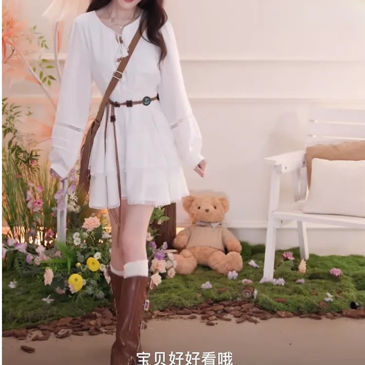 白色收腰高级感法式连衣裙2025春季新款轻奢气质短裙长袖裙子女装