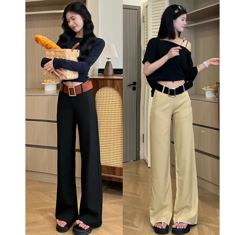 黑色中腰2025秋冬新款休闲女卡其长裤宽松阔腿裤拖地垂感西装裤灰
