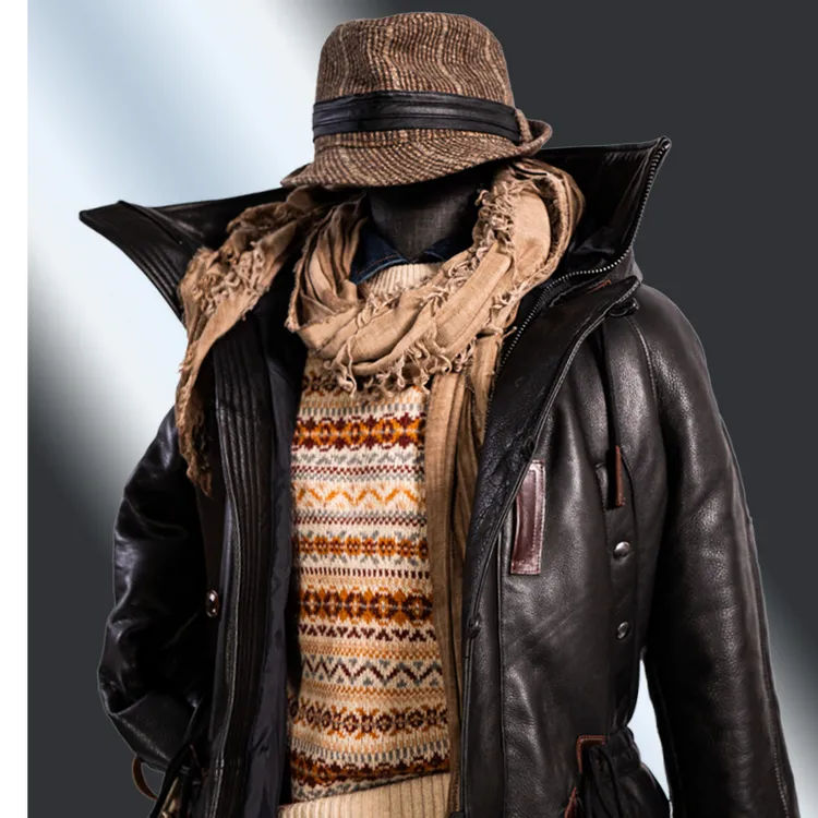 莫臣经典M51牛皮大风衣黑色休闲中长款秋冬男防风加棉皮衣外套M51