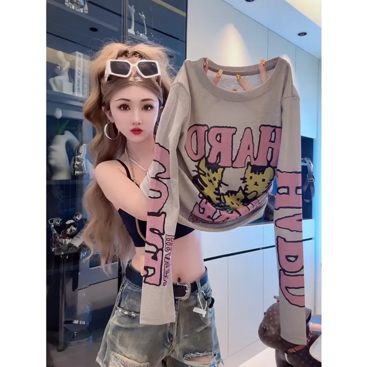 卡通猫咪撞色字母印花长袖T恤女2025秋季新款修身洋气质防晒衫潮