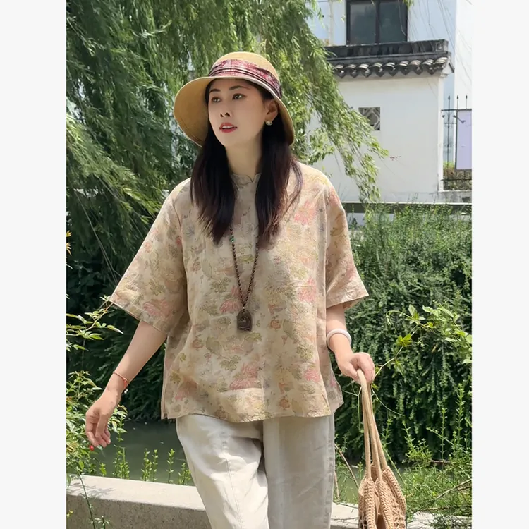 花汐语【赏枝】认准正版 100%亚麻印花中式短袖衬衫女上衣