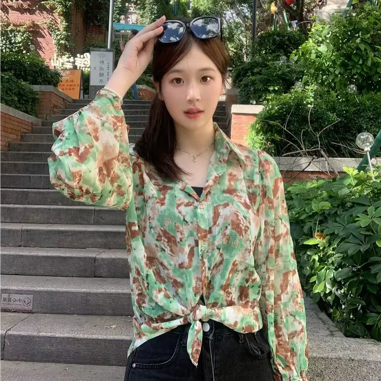 浅绿色女衬衣小众法式见详情修身型碎花长袖衬衫显瘦上衣气质清