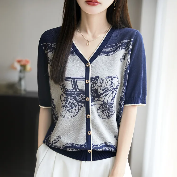 哥弟阿玛施正品夏季新款复古提花V领短袖针织衫套头时尚洋气上衣