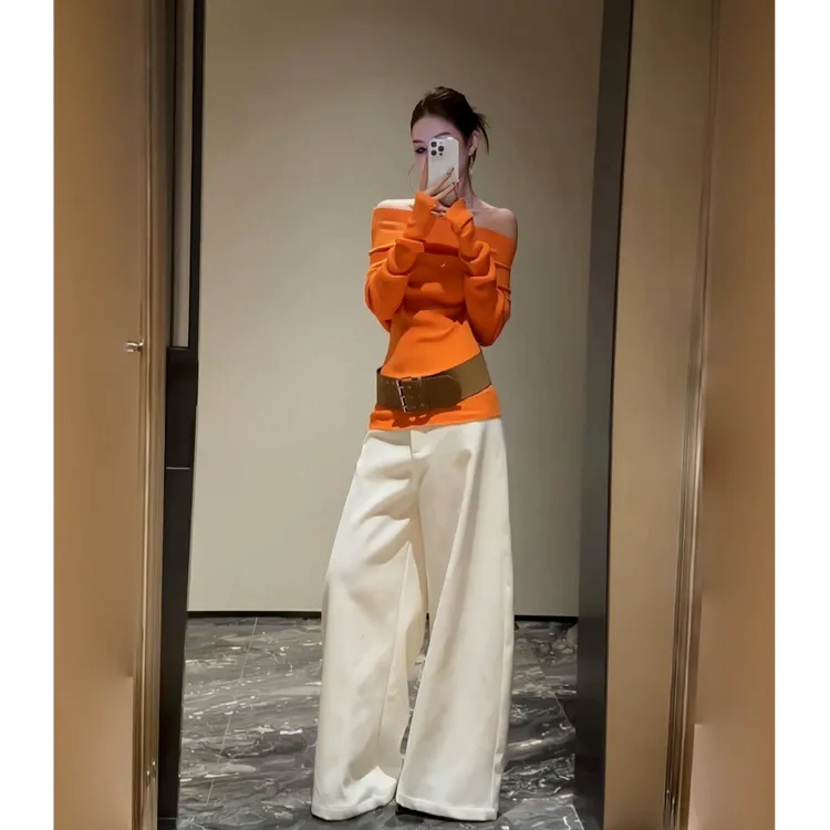 春秋新款气质修身一字领针织设计感露肩上衣搭纯色阔腿长裤套装女