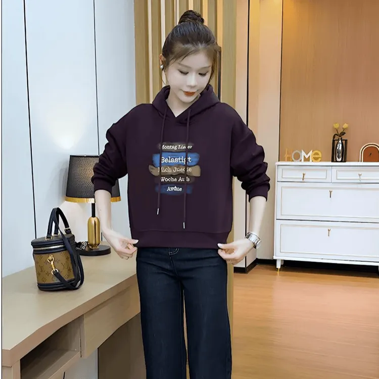 秋冬宽松时尚套头休闲显瘦百搭字母洋气加绒卫衣短款长袖上衣连帽