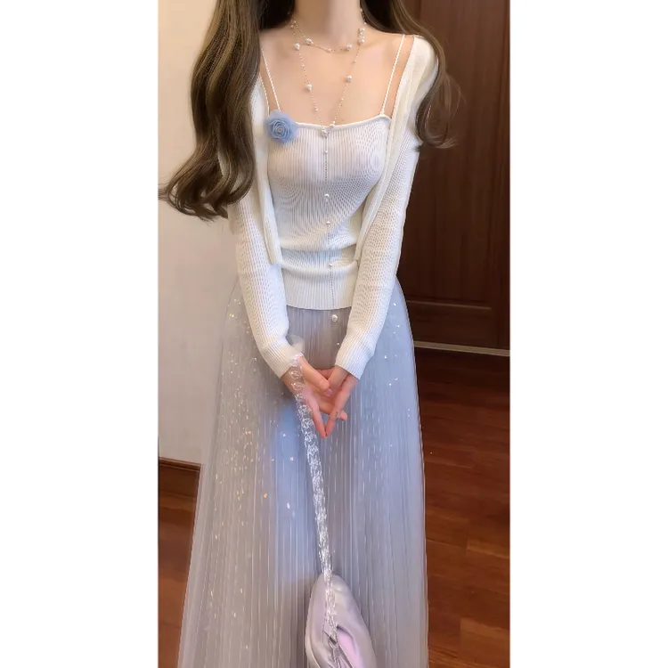 千金风针织内搭吊带&开衫&亮片网纱半身裙时尚套装裙9152