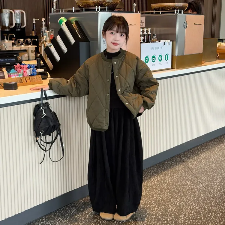 女童夹棉夹克加厚棒球服外套2025新款秋冬保暖时尚加绒弯刀阔腿裤
