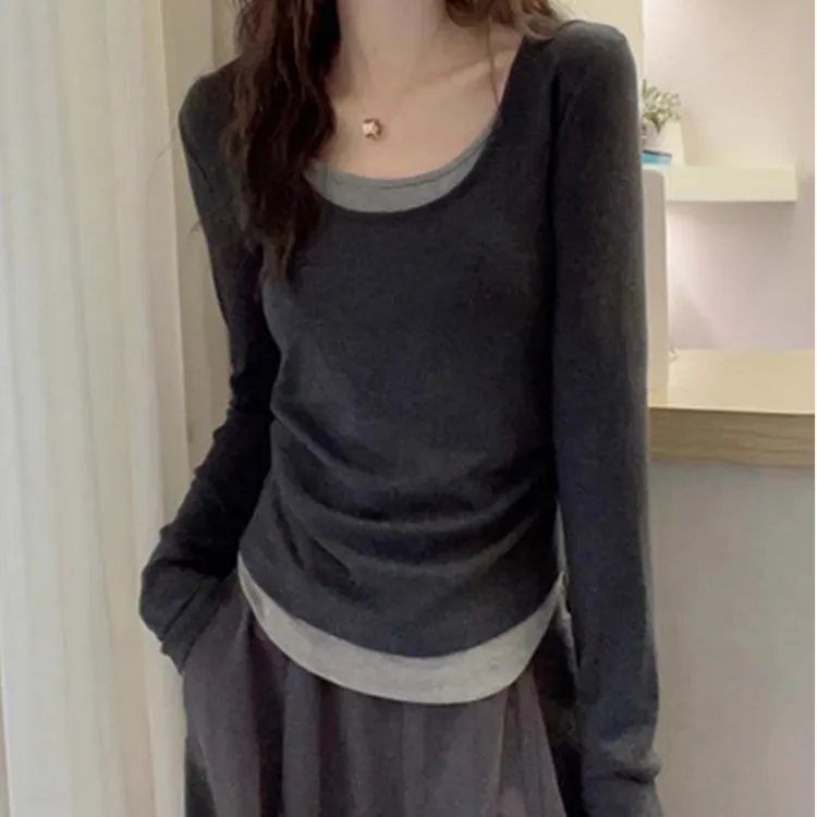 秋季修身撞色假两件长袖T恤女打底衫休闲百搭显瘦内搭正肩上衣潮