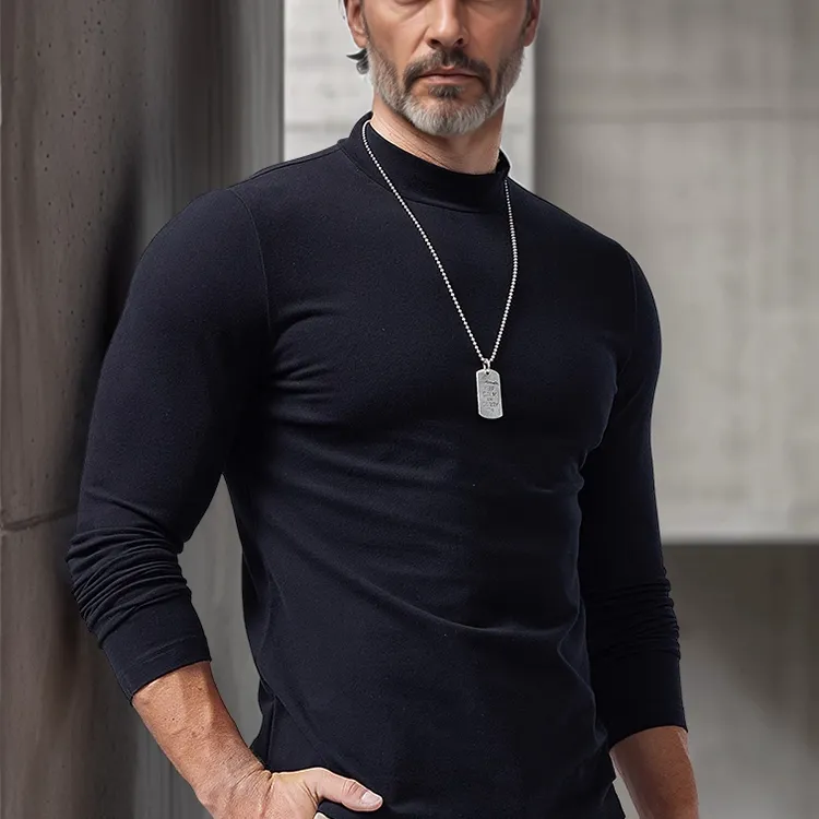 半高领纯色打底衫男长袖t恤修身秋冬季加厚保暖中领内搭秋衣男士