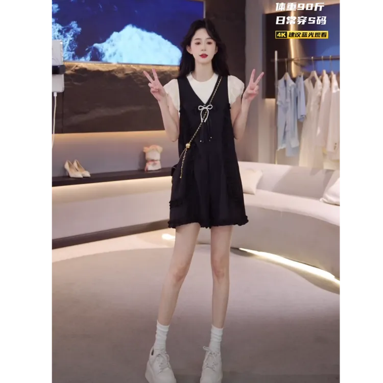 ANNELILY安甜甜【】夏季高级感时尚百搭背带裤套装AT2507018