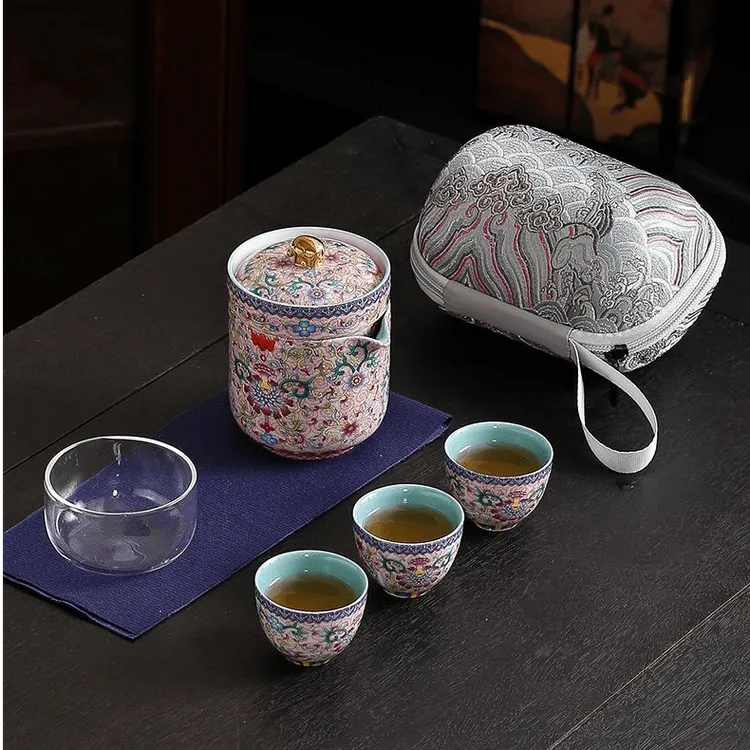 手工珐琅彩茶具套装茶具景德镇旅行茶具过滤陶瓷便携式主人杯