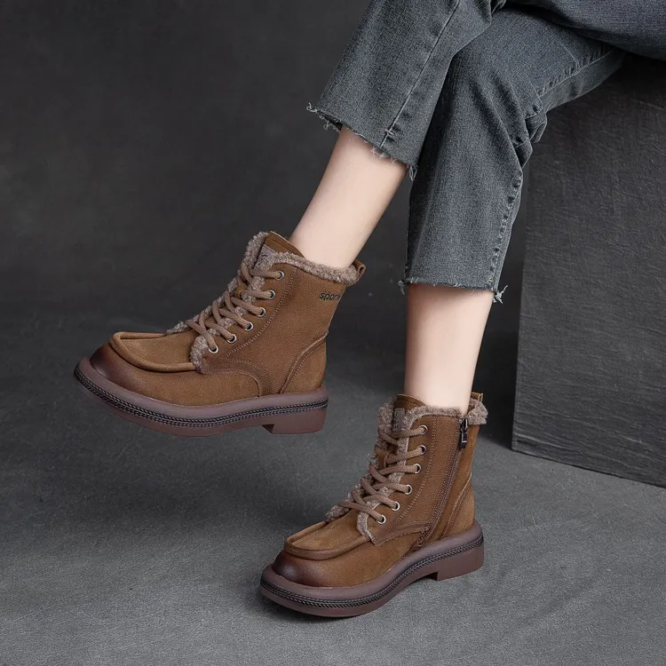 秋冬加绒马丁靴袋鼠粗跟英伦风冬季圆头增高高跟头层牛皮女靴6186