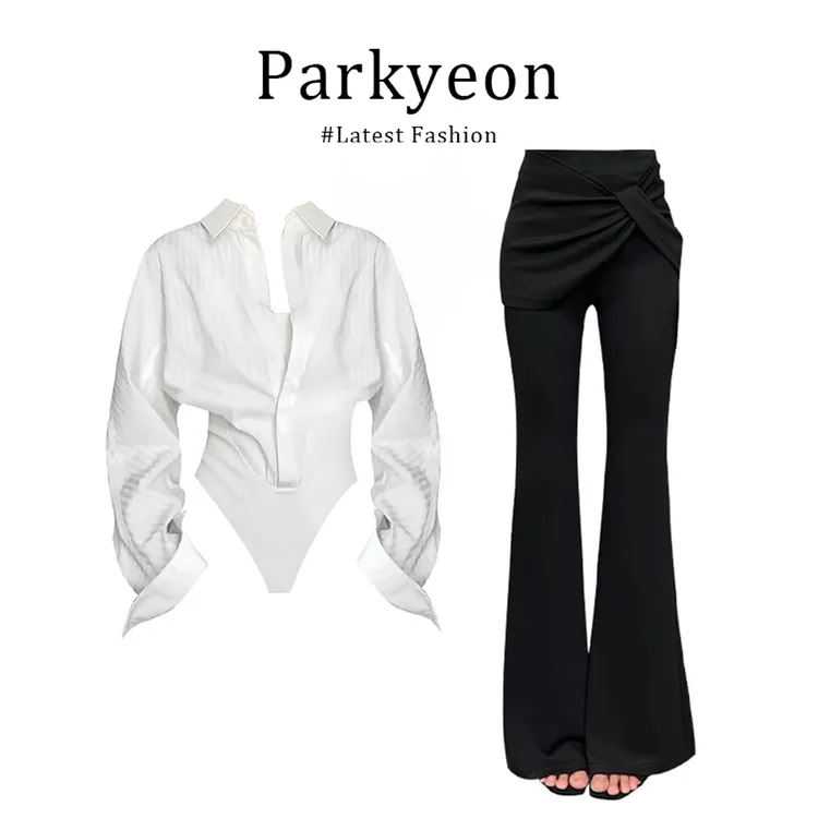 parkyeon早秋网红洋气炸街女装假两件连体衬衫高腰显瘦微喇西装裤