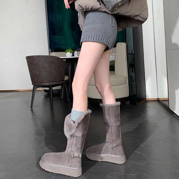 两穿加绒灰色高筒雪地靴2025冬季新款厚底增高绒面中筒时尚雪地鞋